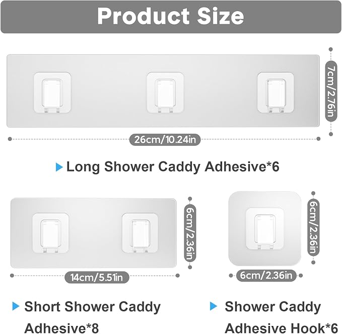 20 Pack Shower Caddy Adhesive Replacement, Waterproof Shower Shelf Adhesive Strips, Strong Flat Hooks for Bathroom Storage Shelves and Kitchen Racks No Drilling, Clear - Image 2