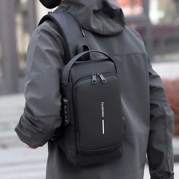 Anti-Theft Sling Bag for Men Waterproof Crossbody Bag with Combination Lock & USB Charging Port Lightweight Chest Backpack for Travel Hiking (All Black) - Image 2