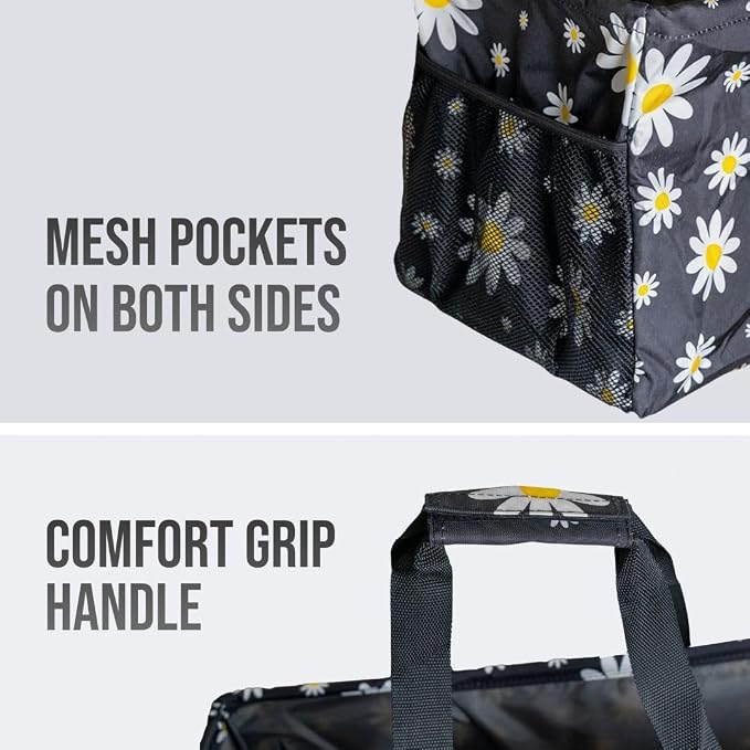 Extra Large Utility Tote Bag - Oversized Collapsible Reusable Wire Frame Rectangular Canvas Basket With Two Exterior Pockets For Beach, Pool, Laundry, Car Trunk, Storage - Black Daisy - Image 7