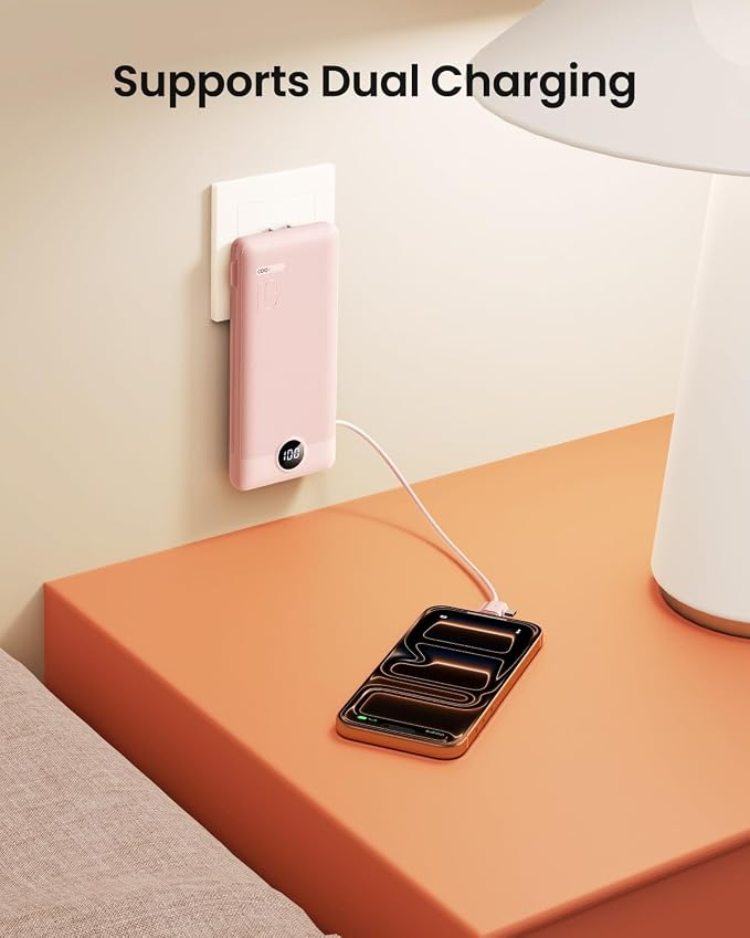 Portable Charger Built-in Cables and Wall Plug, 10000mAh Slim USB C Power Bank, LED Display External Battery Pack Compatible with iPhone/Android & More (Pink) - Image 5
