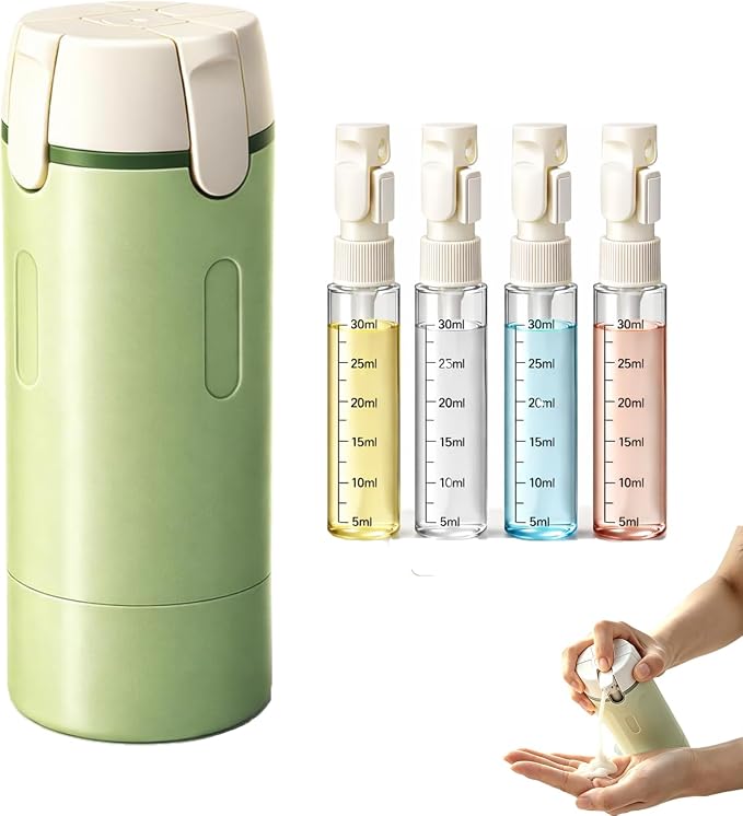 4 in 1 Travel Dispenser Bottle, One-Press No Squeeze Toiletries Set | TSA Approved 4x30ML Leakproof Travel Containers, Refillable Shampoo Lotion Bottles with Labels & Scale, Cream 1Green by Unknown
