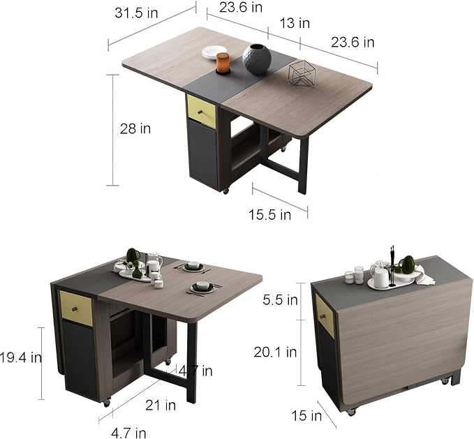 Drop Leaf Folding Dining Table with Storage, 2 Drawers, Grey | 3 Foldable Forms, Space Saving, Movable on Casters, for Kitchen Dining Living Room, Extendable, Versatile - Image 3