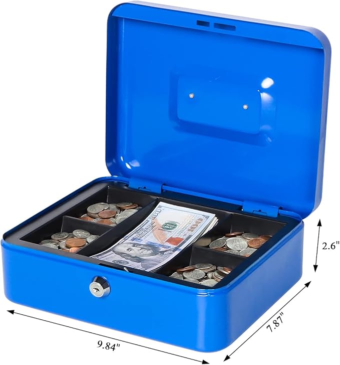 Jssmst Cash Box with Tray - Cash Box with Key Lock Safe Money Box with Cash Tray, Money Saving Box Lock Box for Money, 9.84'' x 7.87'' x 2.6'', Blue - Image 4