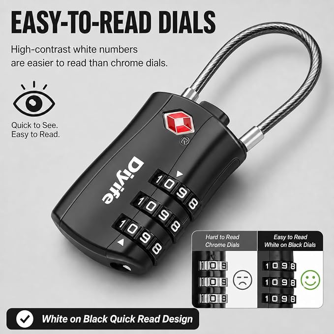 TSA Approved Luggage Locks, Diyife 2 Pack Combination Travel Cable Lock | 3-Digit Resettable Code Lock with Zinc Alloy Body for Suitcases Travel Backpack Bag Case Gym Locker, Black - Image 3