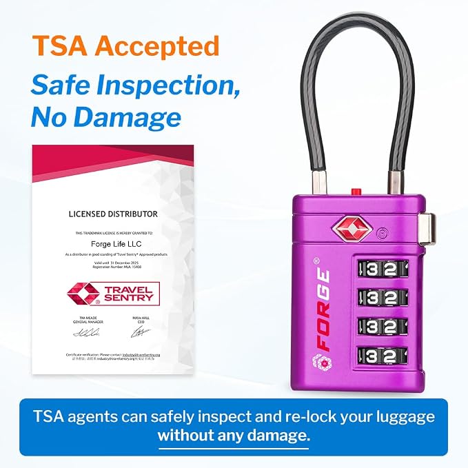 Forge TSA Approved Luggage Locks 4 Digit Combination TSA Travel Locks with TSA008, Open Alert Indicator, Zinc Alloy Body for Luggage, Suitcase, Backpack, and More. Purple 2 Locks. - Image 5