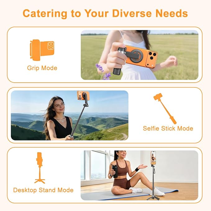 Upgrated 5-in-1 Magnetic Selfie Stick with Remote for Cell Phone 360° Rotation.Can Transforms into Mini Tripod/Camera Grip/Handheld Stabilizer/Phone Stand.Extend to 25 inches - Image 3