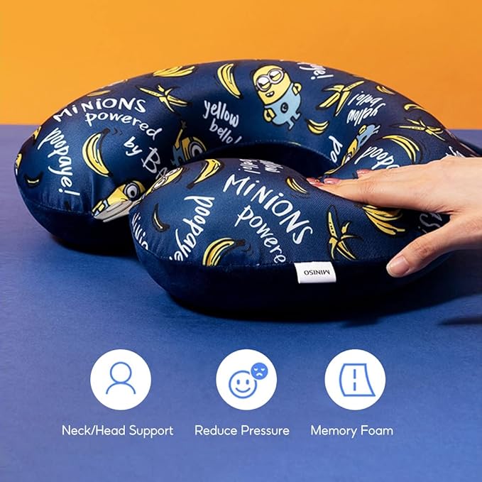 MINISO Minions Travel Neck Pillow with Eye Mask, Cute Cartoon 100% Memory Foam Neck Support Pillow, Lightweight Travelling Pillow Set for Airplane, Car and Home Use - Image 6