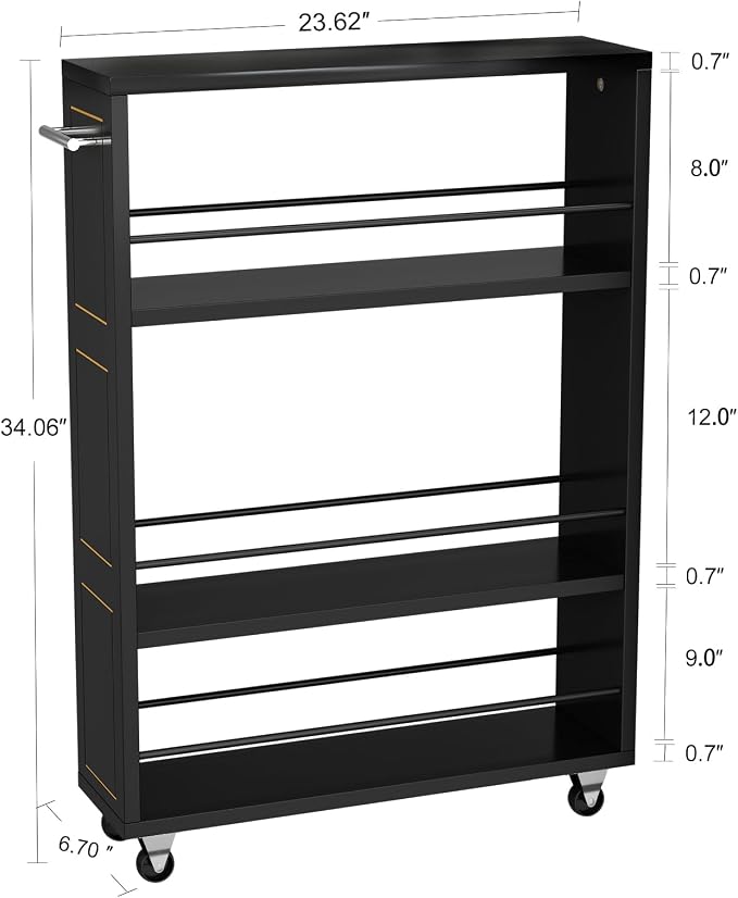 KLM 4 Tier Black Slim Storage Cart with Handle, Slide Out Storage Rolling Utility Cart for Kitchen, Laundry, Narrow Places-6.7" W - Image 4
