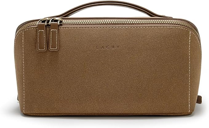 EACHY Travel Makeup Bag for Women, Faux Suede Cosmetic Bag, Khaki, Medium | Faux suede organizer with flat-open access, clear TPU brush pocket and carry handle for daily makeup, toiletries and travel by EACHY