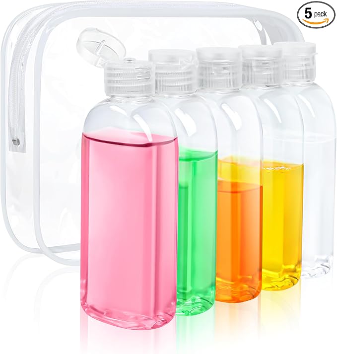 5 Pack 3.4 oz Clear Travel Bottles Kit for Toiletries, TSA Approved Travel Size Portable Refillable Containers Leak Proof Travel Accessories Essentials Set for Shampoo Conditioner Lotion by Unknown
