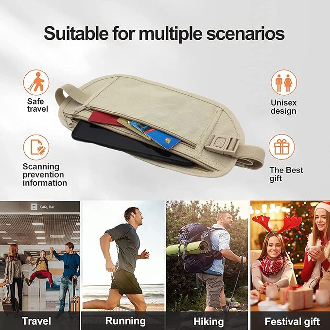 Secure Travel Money Belt, Anti-Theft Passport Holder Travel Wallet for Men Women, Hidden Under Clothes Belt Wallet, Security Travel Pouch, Waterproof Waist Bumbag for Money, Cards and Keys - Image 3