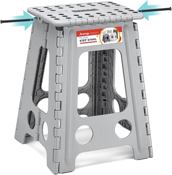 17.5 Inch Heavy Duty Folding Step Stool for Adults, 400 lbs, Grey | Collapsible Stepping Stool for Adults with Handle and Non-Slip Surface, for Kitchen, Garage, Bedroom and Outdoor Tasks by ACSTEP