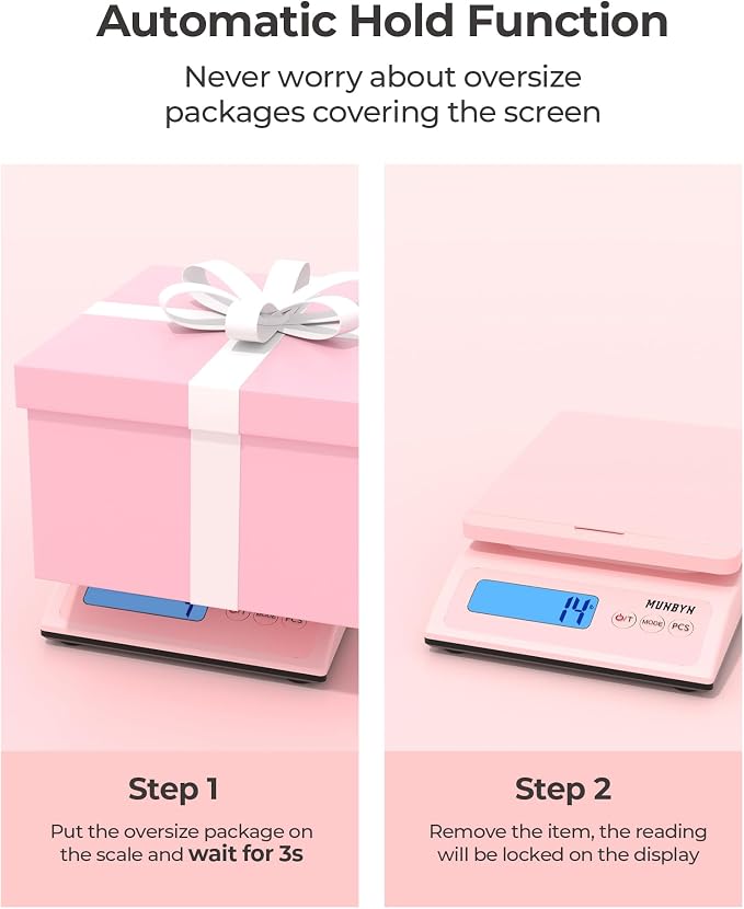 MUNBYN Shipping Scale, 66lb/0.1oz Accurate Digital Postal Scale Pink | Hold & Tare & PCS, Dual Power AC or Battery, Backlit LCD, Sweet Pink Design, Package Weight Scale - Image 4