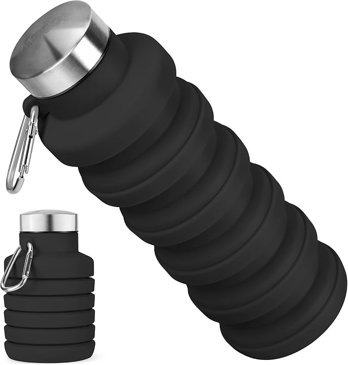 Collapsible Water Bottle, 16oz Portable Reusable Silicone Water Bottle with Carabiner for Gym, Travel, Camping, Hiking, Sports, Lightweight, BPA-Free, Leak-Proof, Foldable Design, Black by HOME