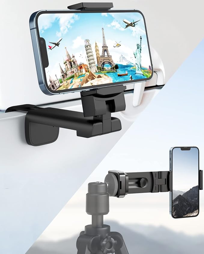 Upgraded Airplane Phone Holder, Plane Travel Essentials, Matte Black | Universal Hands-free Phone Holer with 360° Rotation for Flying, Accessory Travel Must Haves Phone Stand for Desk, Tray Table by MiiKARE
