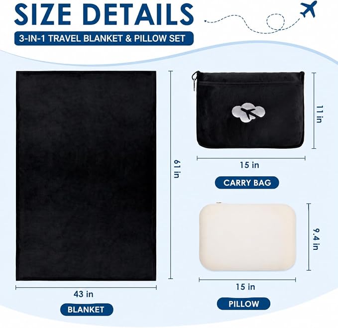 Nerien Blanket Pillow for Airplane Travel Essentials -3 in 1 Plane Travel Set Black - Image 2