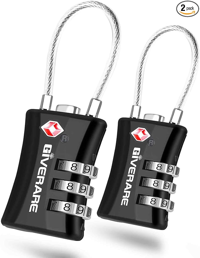 2 Pack TSA Approved Luggage Locks, Cable Suitcase Travel Lock Alloy, Set Your Own Combination Metal Zipper Padlock, 3-Digit Long Shackle Padlocks for Gym Locker, Golf Bag, Case Anti Theft-Black by GIVERARE