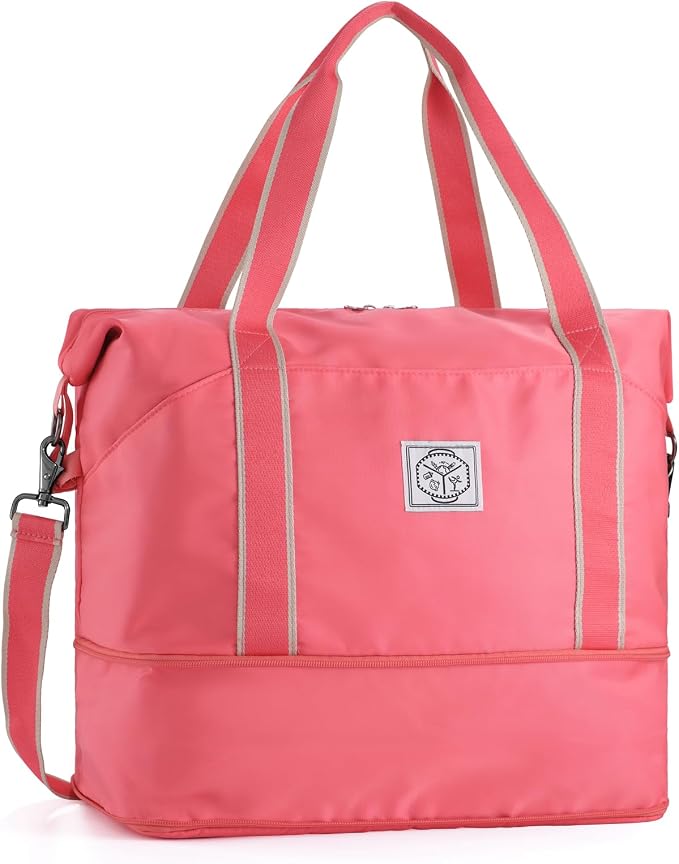 WALNEW Foldable Travel Duffel Bag, Weekender Bag for Women, Coral | Overnight Carry On Bag, Waterproof Gym Luggage with Metal Buckle Detachable Shoulder Strap and Wet Compartment by WALNEW