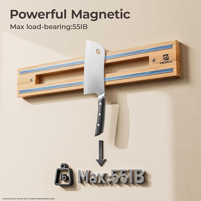Magnetic Knife Holder for Wall, 16.5 Inch Knife Magnetic Strip | Rubber Wood Knife Block, Kitchen Utensil Holder, Magnetic Tool Holder, Double Magnetic Strips, 4 Hooks Included, Ideal Gift - Image 2