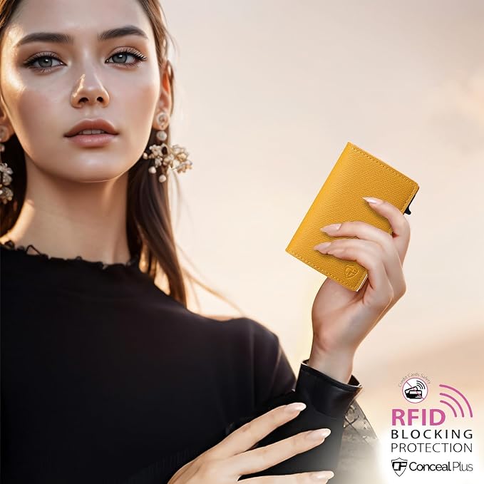 Pop Up Wallet for Women | Slim RFID Blocking Card Holder for Small Purse & Crossbody Bag | Compact Metal Wallet 4-6 Card Capacity | Saffiano Orange - Image 7