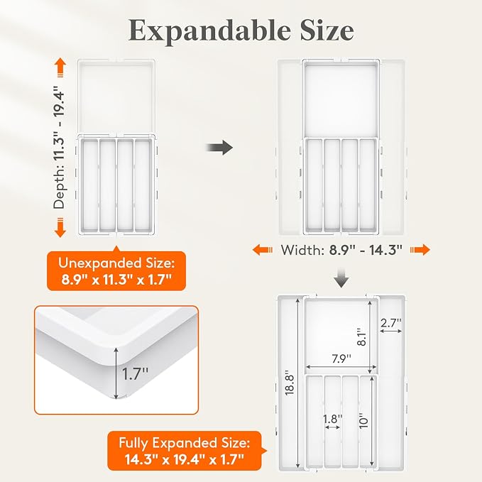 Lifewit Expandable Silverware Drawer Organizer, Utensil Tray for Kitchen | BPA Free Flatware and Cutlery Holder, Adjustable Plastic Storage for Spoons Forks Knives, 8.9-14.2 x 11.3-19.4 x 1.7", White - Image 2