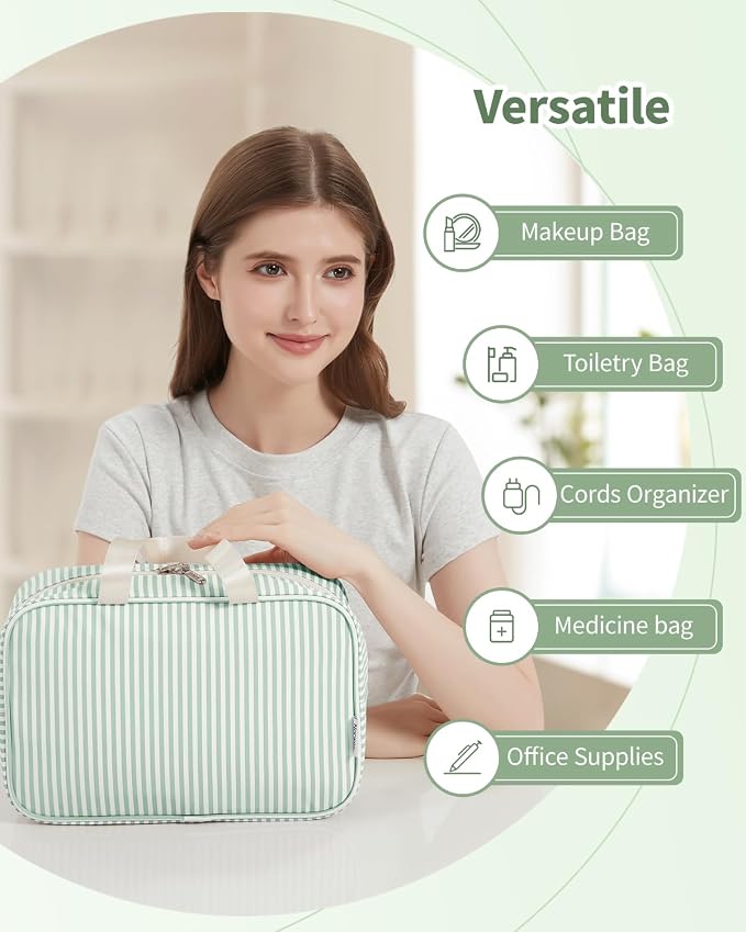 Full Size Toiletry Bag Women Large Cosmetic Bag Travel Makeup Bag Organizer Medicine Bag for Toiletries Essentials Accessories (Mint Green Stripe, Large) - Image 6