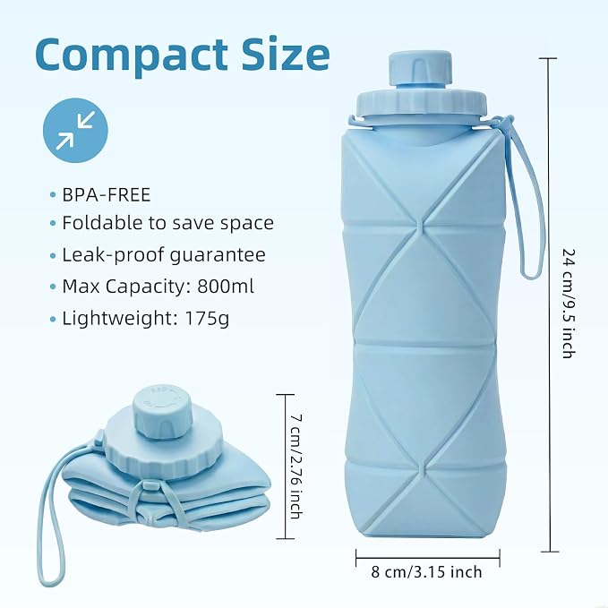 Collapsible Travel Water Bottle 28oz (800ml), BPA-Free, Foldable Silicone Lightweight Reusable Water Bottle with Leak-Proof Lid & Lanyard, Portable for Travel Cycling Gym Camping - Image 2