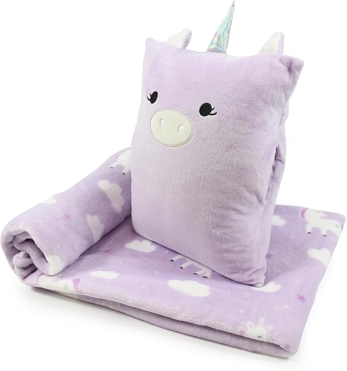 3-in-1 Kids Travel Pillow and Blanket Set | Snuggle Pillow with Hand Warmer, 40x60 inches Unicorn Blanket for Girls Compact, Perfect for Travel, Camping, Home and Office by VigorSpring