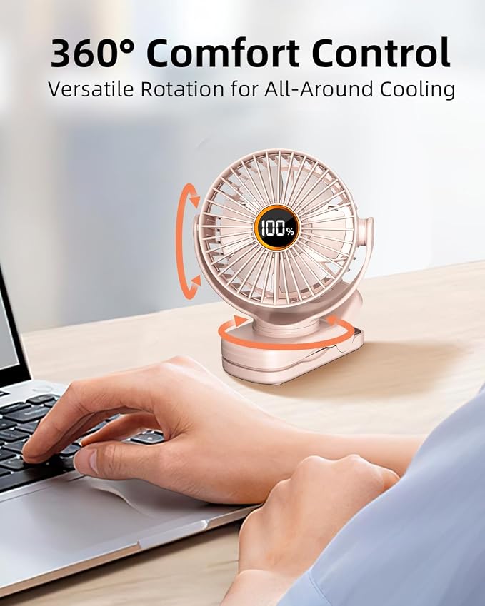 buywoo Portable Mini Personal Fan, Small Rechargeable Battery Powered Stroller Fan for Desk, Strong Clamp Grip, 360° Rotation, 3-Speed, LED Display, Clip On Cooler for Bed, Golf Cart, Office, Pink - Image 2
