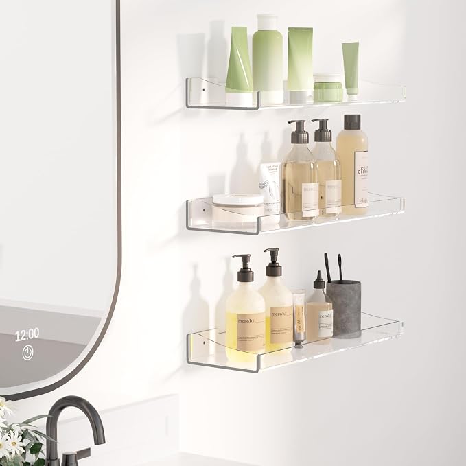 Acrylic Shelves for Bathroom, Clear Floating Shelves for Wall, Wall Organizer Suitable for Bathroom, Bedroom, and Living Room Storage for Make Up,Action Figure,Books -3 Pack - Image 2