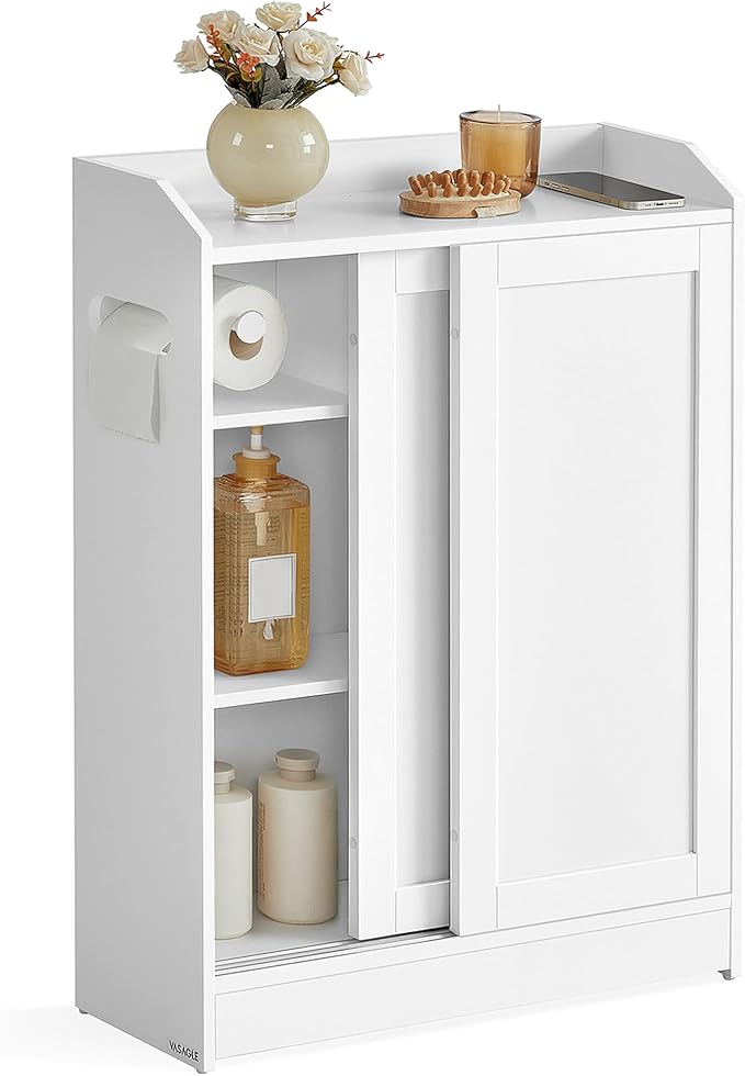 VASAGLE Slim Bathroom Storage Cabinet, Sliding Doors, Cloud White | Adjustable Shelves，Toilet Paper Holder, Brush Compartment, 23.6 x 7.9 x 31.5 Inches, SIREN Collection UBBC752W01 by Unknown