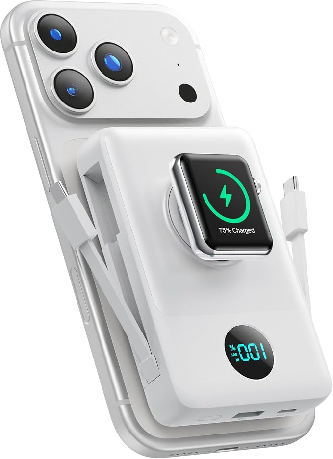 Magnetic Portable Charger 10800mAh with Built-in Cables,Wireless Power Bank for Magsafe,25W PD Fast Charging USB-C Travel Essentials Battery Pack for iPhone 17/16/15/14/13/12 Series,Apple Watch-White by HETP
