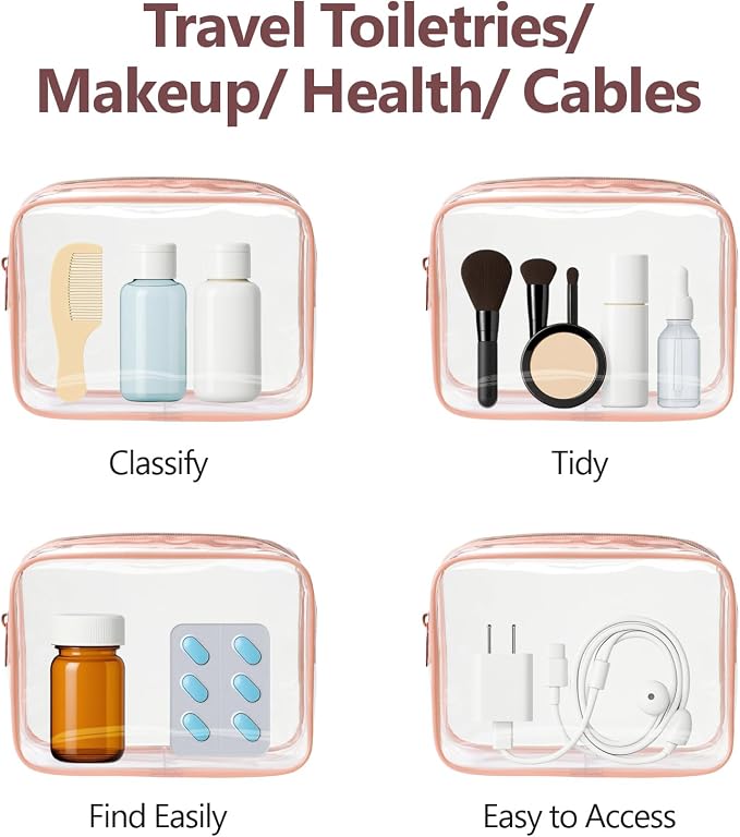 Clear Makeup Bag Travel - TSA Approved Toiletry Bag, 2 Rose Pink | 1 Medium Quart Carry-On & 1 Large Checked-Luggage, Reinforced Seams, Water-resistant, Clear Easy-Check for Airport, Women - Image 8