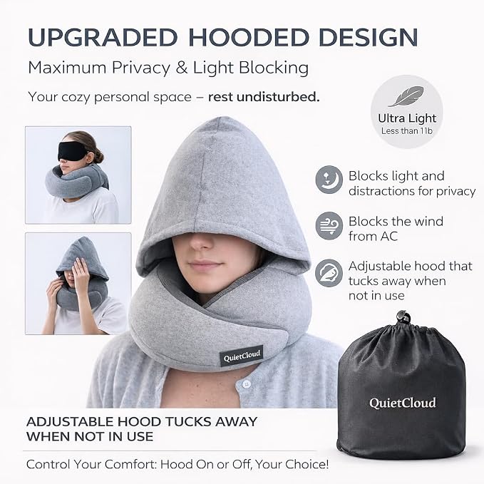 Travel Neck Pillow Hooded Memory Foam 360° Head & Chin Support, Lightweight Breathable Adjustable Fit Travel Neck Pillow with Eye Mask, Earplugs & Carry Bag for Airplanes, Car, Bus, Train & Long Trips - Image 6