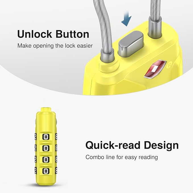 Puroma 2 Pack TSA Approved Luggage Locks 4 Digit Code Cable Lock Yellow | Resettable, Flexible Cable, Zipper holes, Zinc Alloy, Bright Color, Large White Numbers, Suitcase Train Travel, laptop bag - Image 4