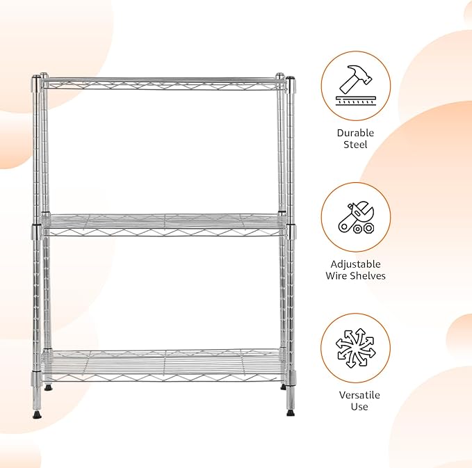 Amazon Basics 3-Shelf Adjustable Heavy Duty Steel Wire Shelving Rack with Chrome Finish, No-Tool Assembly, 250 lbs per Shelf, 23.2" L x 13.4" W x 30" H - Image 4