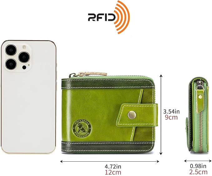 Men's Leather RFID Wallet with Zipper, 14 Card Slots, ID Window | Zippered coin pocket separates loose change; organized for commuting and everyday carry (Green) - Image 3