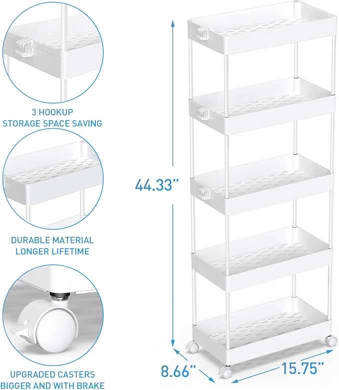 SPACEKEEPER 5 Tier Storage Rolling Cart, Bathroom Cart with Wheels, White | Mobile Storage Cart for Laundry Room Organization,Kitchen,Office,Bathroom, Utility Cart for Snack,Craft,Art,Makeup,Nail,Toys - Image 2