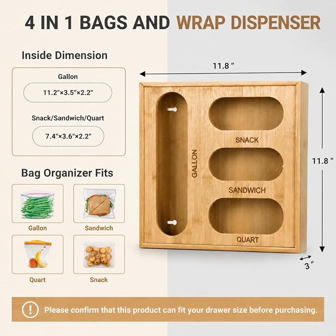 4 in 1 Bamboo Bag Storage Organizer for Sandwich, Snack, Quart,Gallon Bags - Image 2