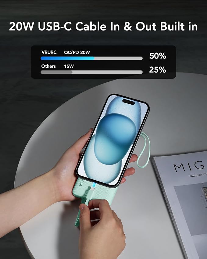 VRURC Portable Charger, 22.5W Fast Charging Power Bank Built‑in 4 Cables | 10000mAh Slim Lightweight Travel Battery Pack for iPhone, Samsung & Multi Devices, Pocket‑Friendly with Lanyard-Green(1 Pack) - Image 4