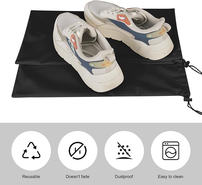 8 Pcs Single Shoe Bags for Travel with Drawstring,18"X9",Black | Dust Resistant,Machine Washable & Reusable Storage Pouch,Travel Essentials for Women & Men - Image 4
