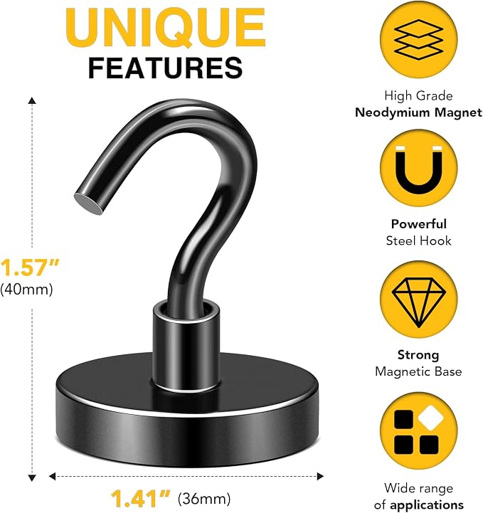 DIYMAG Magnetic Hooks,170lbs 10p Cruise Cabin Essentials Heavy Duty Black | Strong Neodymium Rare Earth Magnets, for Kitchen, Classroom, Beach, Cruise Cabins, Refrigerator, Hanging Key Clothes Wall Hat - Image 2