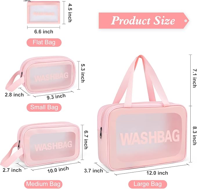 YuanCheng Upgrade Travel Toiletry Bags for Women, Pack-4 Different Size Make Up Bags with Handle, Large Capacity Translucent Waterproof Travel Cosmetic Bags (Comestic Bag-Pink) - Image 3