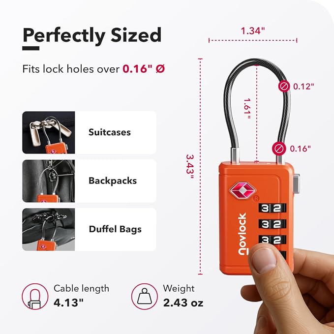 TSA Approved Luggage Locks, Travel Locks with Inspection Indicator | TSA008, Easy to Read Dials, 4 Digit Combination, Flexible Steel Cable, for Suitcases, Backpacks, Bags, 1-Pack, Orange - Image 2