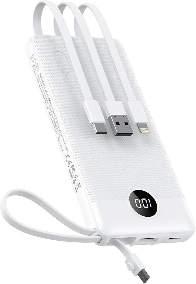 VEEKTOMX 10000mAh Portable Charger with 4 Built-in Cables | Slim Power Bank, USB-C Battery Pack with iPhone & Micro USB, TSA Approved Travel Charger for iPhone, Samsung, Android, White by VEEKTOMX