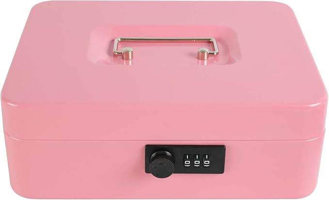 xydled Steel Cash Box Safe with Combination Lock,Money Safe Box with Removable Coin Tray,Large,9.84"x 7.87"x 3.54",Pink - Image 3