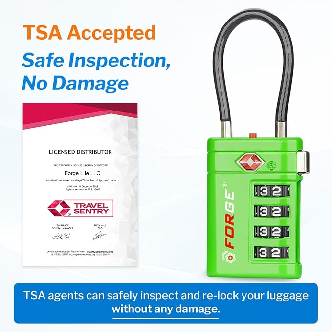 Forge TSA Approved Luggage Locks 4 Digit Combination TSA Travel Locks with TSA008, Open Alert Indicator, Zinc Alloy Body for Luggage, Suitcase, Backpack, and More. Green 2 Locks. - Image 3
