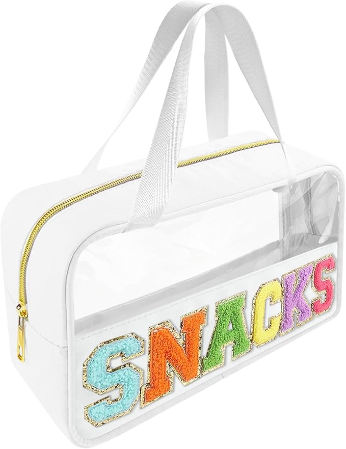 Bunliuys Chenille Letter Clear Makeup Bag Travel Patch, Travel Toiletry Makeup Bag with Handle, Nylon Waterproof Makeup Bags clear cosmetic bag, preppy patch makeup bag for Women (SNACKS-White) by Bunliuys