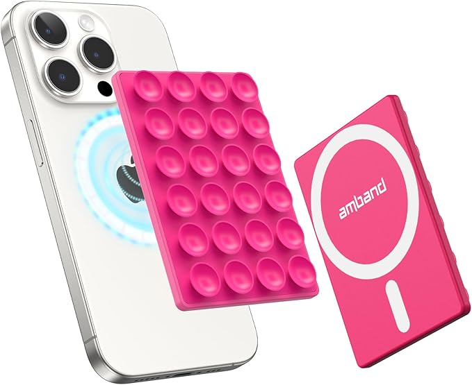 amBand Magnetic Suction Phone Mount for MagSafe Case, Silicone Sticky Grip Secure Holder for iPhone, Hands-Free Taking Photo/Recording Video/Live Streaming for Instagram Influencer/Creator, Hot Pink by amBand