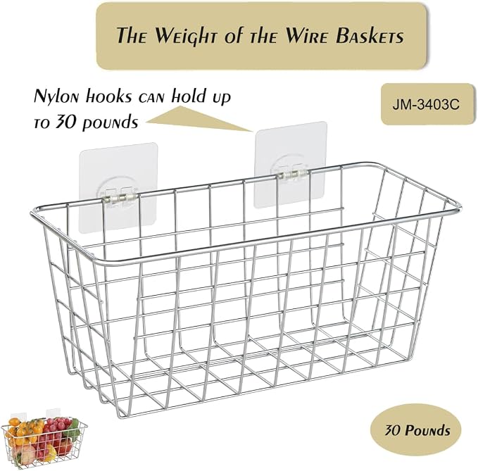 JUNCHU CHERRY 2 Pack Hanging Storage Basket, Bathroom Basket, Household Goods, with Traceless Tape, no Drilling, for Cabinet Storage, Kitchen, Bathroom, Storage Room,Chrome - Image 8